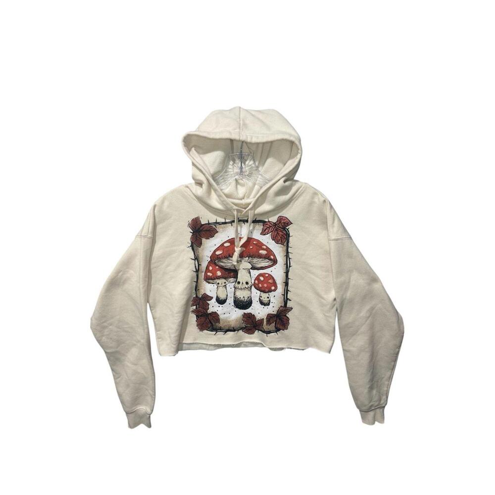 Stephanie Bayles Women's Small Beige Mushroom Cropped Hooded Sweatshirt